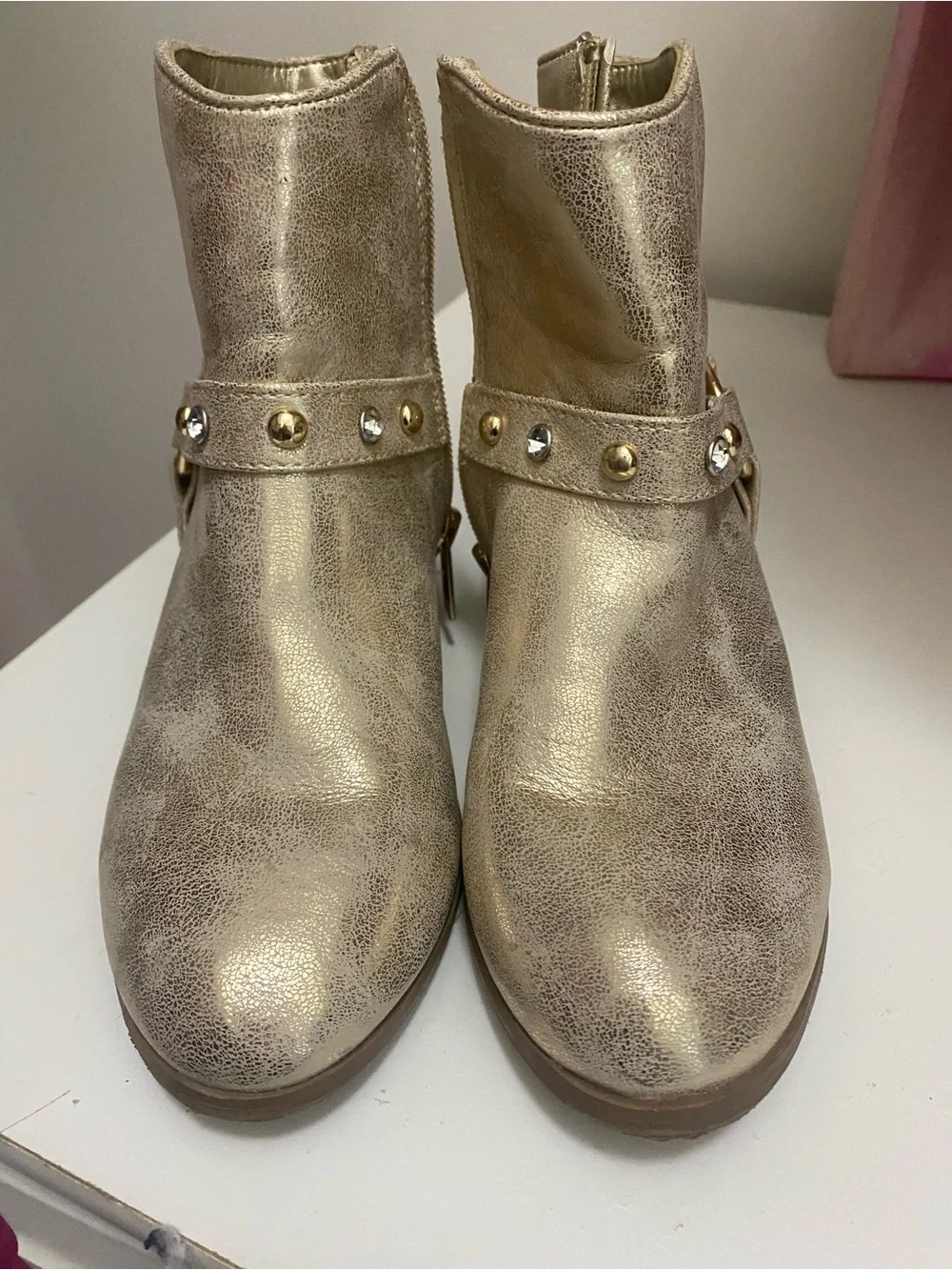 Little girls Jessica Simpson  Metallic Gold Ankle Boots with Decorative Harness